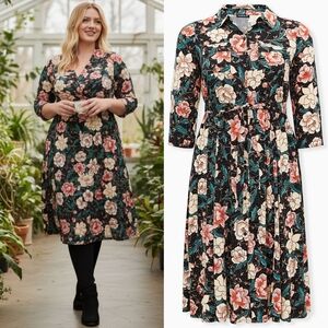 Torrid Size 3 / 3X challis midi dress floral button front 3/4 sleeves stretch